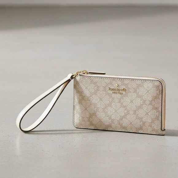 Kate Spade Lucy Spade Flower Small Card Holder Wristlet, Dark Beige New - Picture 1 of 5